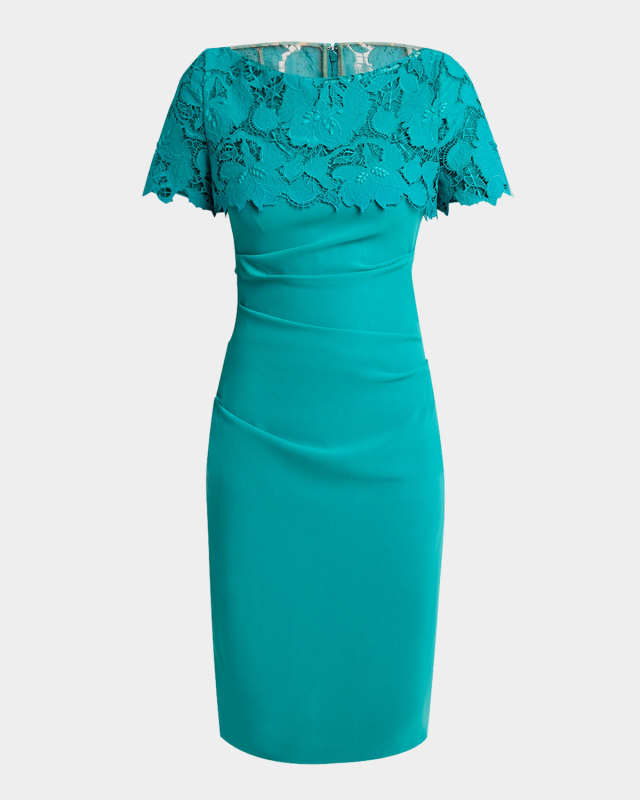 Guipure Lace Short-Sleeve Draped Dress